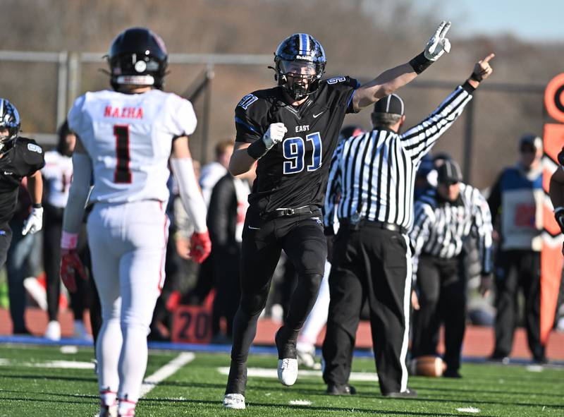 Lincoln-Way East's defensive end Caden O'Rourke reacts to a turnover during the IHSA class 8A semifinals playoff game against Barrington on Saturday, Nov. 18, 2023, at Frankfort. (Dean Reid for Shaw Local News Network)