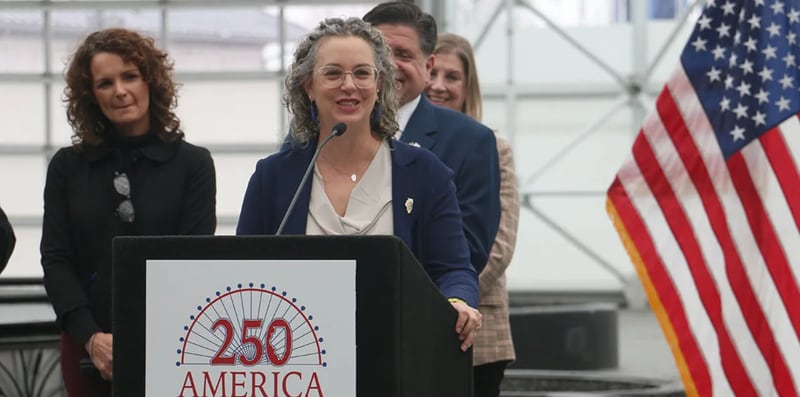 Gabrielle Lyon, chair of the Illinois America 250 Commission and executive director of Illinois Humanities speaks about the commemoration plans at Navy Pier on Dec. 3