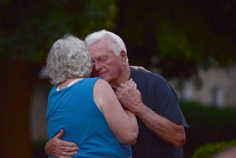 Cheryl and Ron Zolver of Byron dance to one of the tunes played by the Chicago Tribute Anthology during the Jamboree Concert Series in Mt. Morris on Friday, July 25, 2025. Cheryl and Ron have been married for 58 years.
