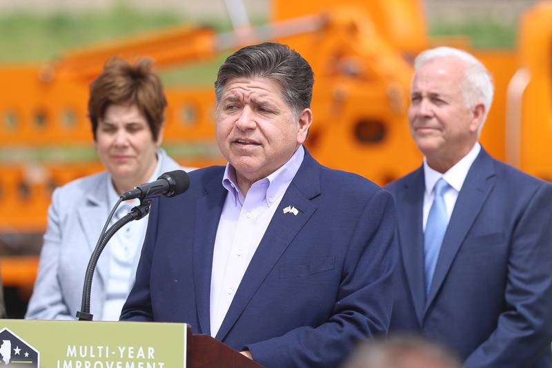 Governor JB Pritzker speaks the construction kickoff for the new Interstate 80 Des Plaines River bridges as Will County Executive Jennifer Bertino-Tarrant and Joliet Mayor Terry D’Arcy look on on Friday, May 20, 2026 in Joliet.