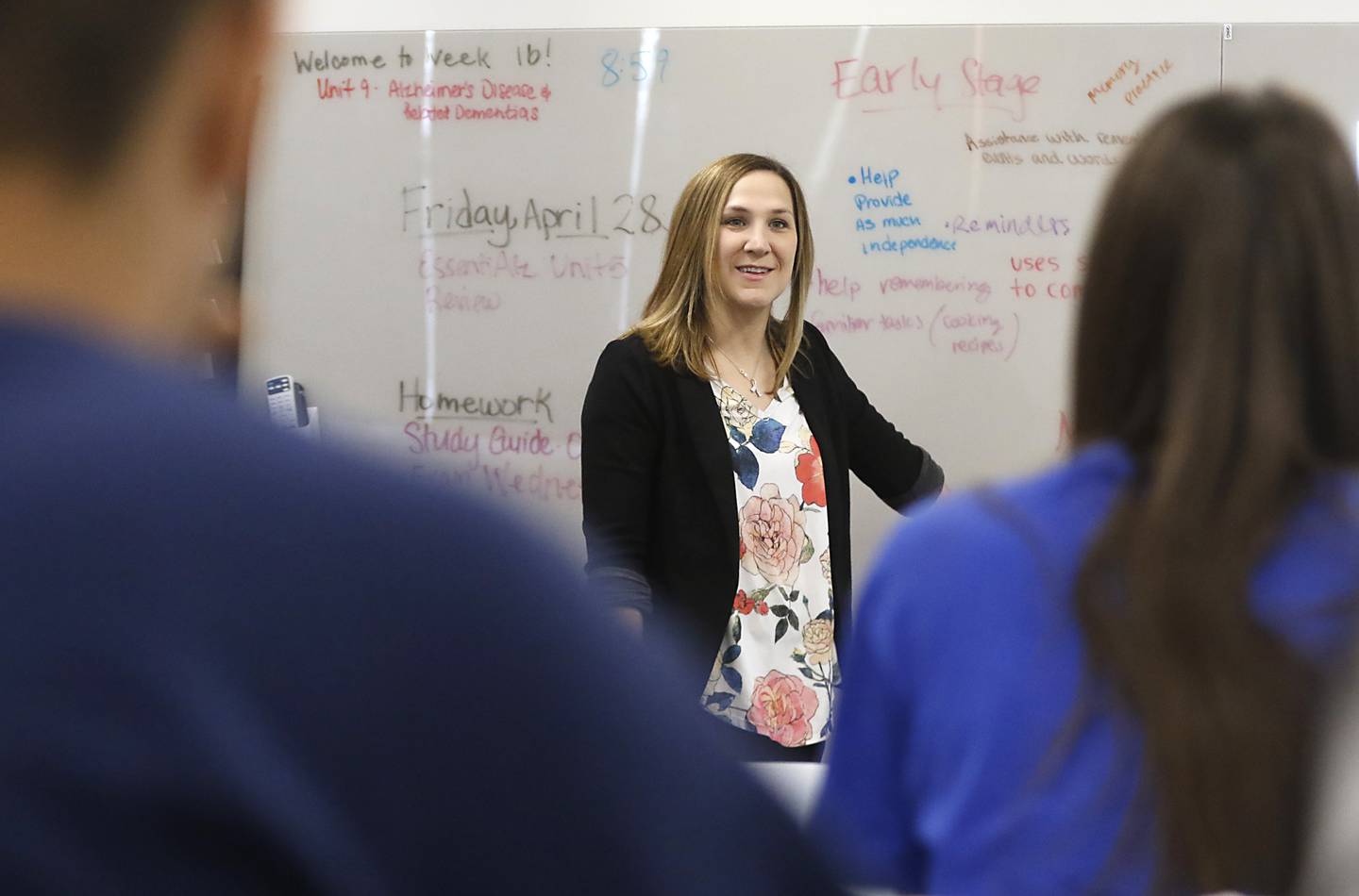 Nurse Andrea Miculinich teaches a certified nursing assistant class on Friday, April 28, 2023, at Crystal Lake Central High School.