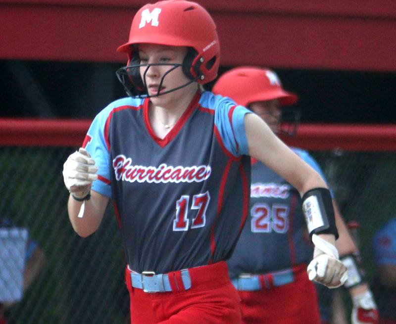 Marian Central’s Bailey Keller comes around to score as the Hurricanes faced Winnebago to begin an IHSA Class 2A Regional game at Raymond Benoy Field in Woodstock Monday.