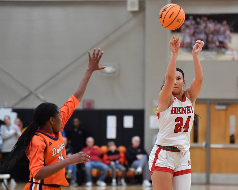 Benet’s Emma Briggs shoots a three pointer during a Coach Kipp Hoopsfest game against Whitney Young on January 19, 2026 at Benet Academy in Lisle.