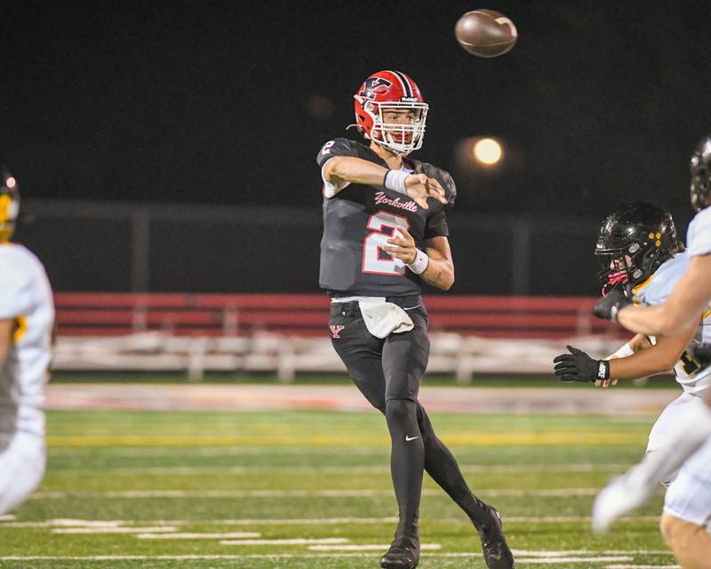Yorkville's Jack Beetham (2) passes the ball during the game against Joliet West on Friday Sept. 5, 2025, held at Yorkville High School.