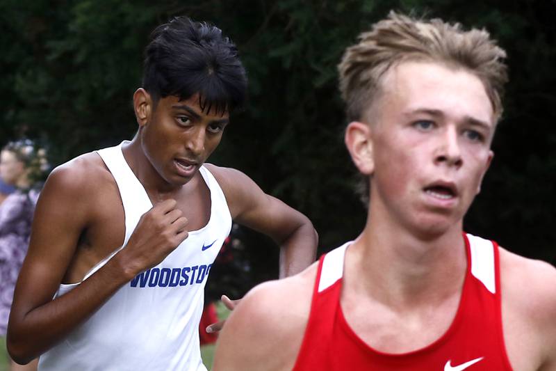 Woodstock’s Aryan Patel has his eyes fixed on Huntley’s Zachary Zuzzio as they compete in the boys race of the McHenry County Cross Country Meet Saturday, August 27, 2022, at Emricson Park in Woodstock.