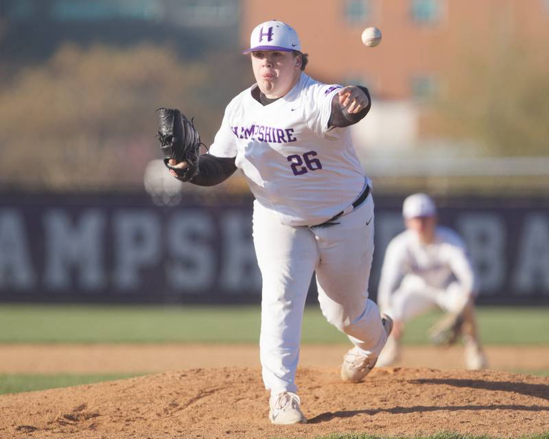 Hampshire's Jack Schane delivers a pitch against Cary Grove on Wednesday, April24,2024 in Hampshire.