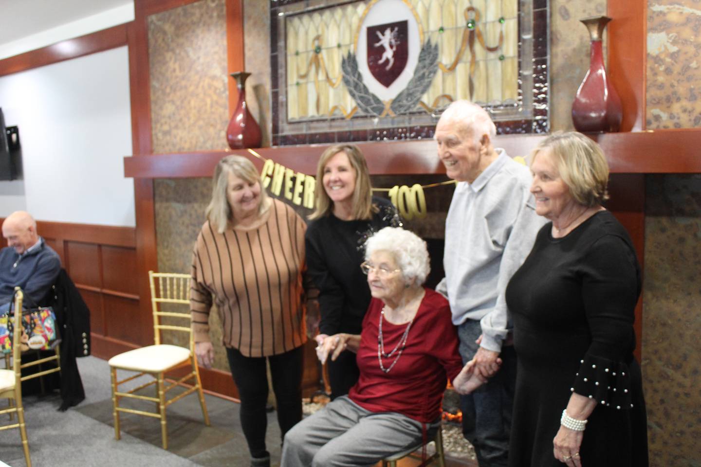 From left: Daughters Donna Wollpert and Kristi Langton, wife Helen Farris, Bob Farris and daughter Gale Bickel celebrate Bob Farris' 100th birthday on July 18, 2025. His birthday was the previous day.