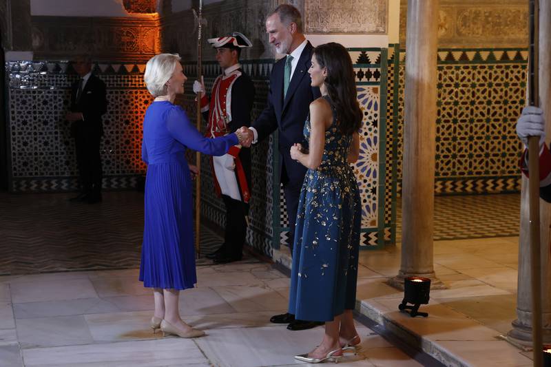 Spain's King Felipe VI and Queen Letizia greet European Commission President Ursula von der Leyen before a gala dinner on the eve of the U.N. financing for development conference in Seville, Spain, Sunday, June 29, 2025. (Mariscal/Pool Photo via AP)