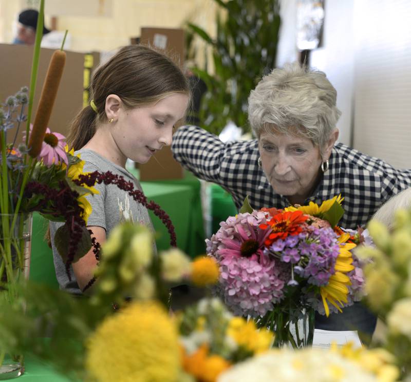 Floriculture Judge Phyllis Donahue looks over the floral arrangement that Charlotte Wilson created for her 4-H project Thursday, July 13, 2023, during opening day of the La Salle County 4-H Fair in Ottawa. The fair continues through Sunday.