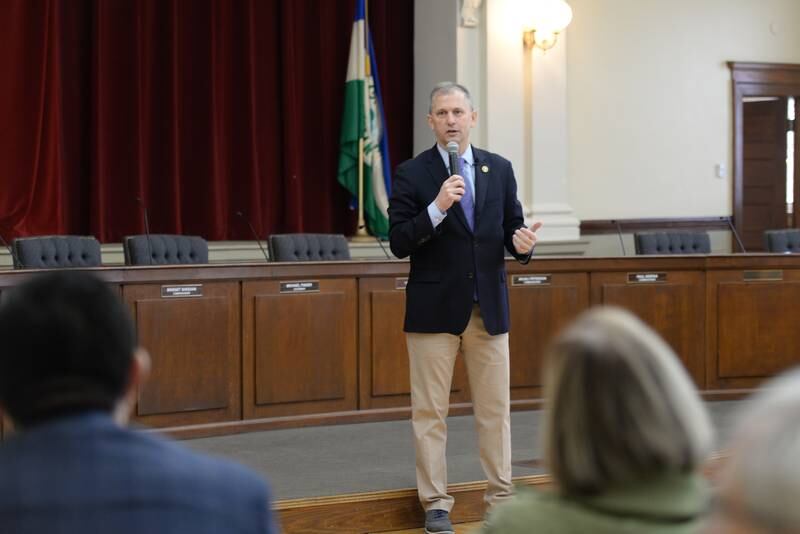 U.S. Rep. Sean Casten, D-Downers Grove, addresses questions from attendees of  the LaGrange town hall held Saturday Jan 21, 2023.