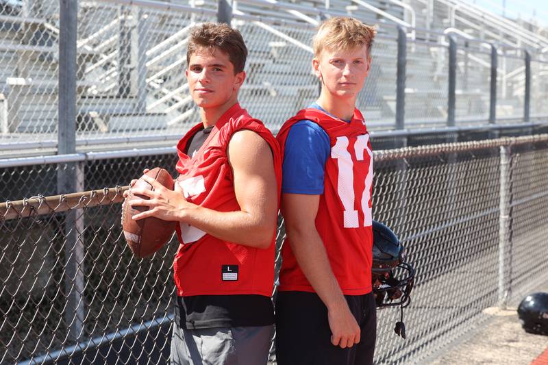 Lincoln-Way East is deep in talent at quarterback with Junior Braden Tisher, 15, and Senior Chase Arthur, 12. Tuesday, Aug. 9, 2022, in Frankfort.