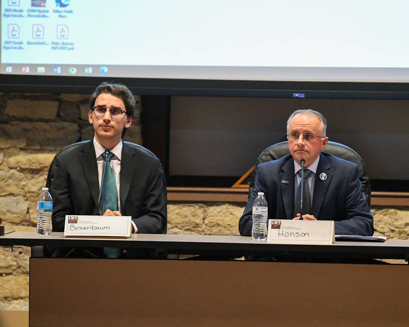 Arad Boxenbaum, left, and Matt Hanson participates in a forum on Thursday Feb. 24, 2024, held at Batavia’s City Hall.