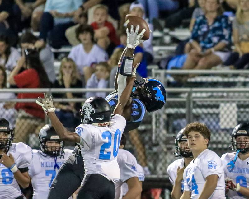 Downers Grove South's Brandon Amaniampong (84) leaps high for a reception attempt during varsity football game between Willowbrook at Downers Grove South.  Sept 16, 2022