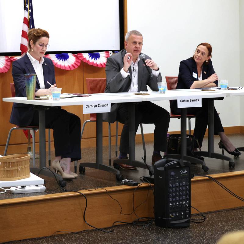 Democratic candidates, Carolyn Zasada, (left) Cohen Barnes and Amy Murri Briel, (right) all vying for the nomination for the 76th district seat in the Illinois House of Representatives, spoke Saturday, Feb. 3, 2024, in a meet the candidates forum at the DeKalb Public Library. The forum was organized by DeKalb Stands and co-sponsored by the DeKalb County Democrats.