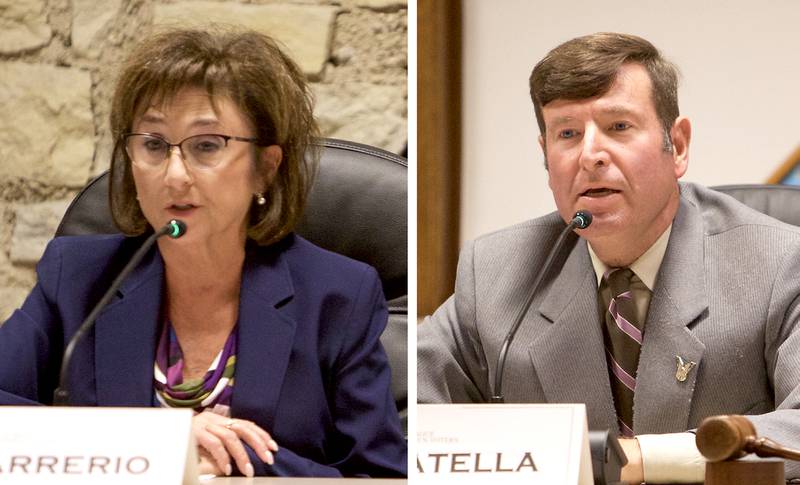 Theresa Barrerio (left), incumbent candidate for Kane County Circuit Clerk, and challenger Anthony Cattella (right) speak during a candidate forum hosted by the League of Women Voters on Tuesday, Oct. 1, 2024 in Batavia.