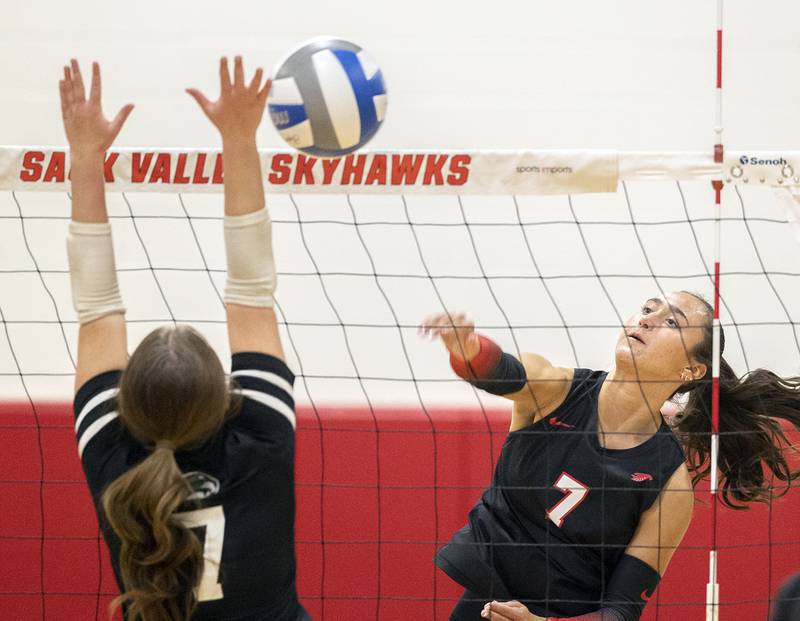 Sauk Valley’s Kenna Wubbena spikes a shot against Kishwaukee Wednesday, Oct. 29, 2025.
