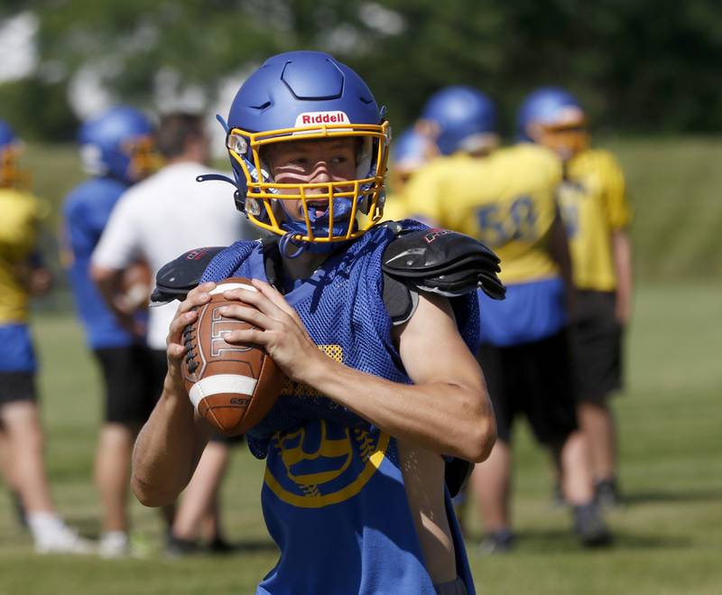 Ryan Larsen looks to throw the ball during summer football practice Thursday, June 23, 2022, at Johnsburg High School in Johnsburg.