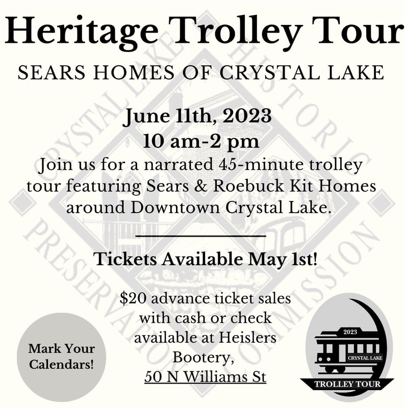 The Crystal Lake Historic Preservation Commission has announced the return of the Annual Heritage Trolley Tour from 10 a.m. to 2 p.m. Sunday, June 11, 2023.