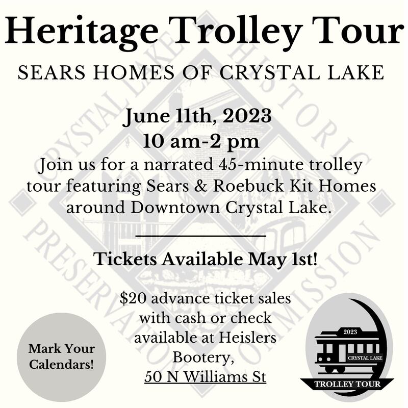 The Crystal Lake Historic Preservation Commission has announced the return of the Annual Heritage Trolley Tour from 10 a.m. to 2 p.m. Sunday, June 11, 2023.