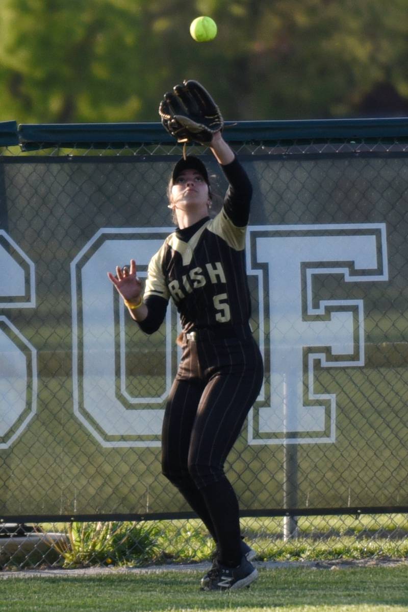 Bishop McNamara's Vivian Dole catches a fly ball during a home game against Bradley-Bourbonnais Thursday, May 7, 2026.