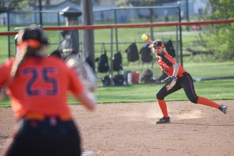 Beecher's Maddy Grooms, right, throws to first baseman Abrianne Papas during a home game against Wilmington Thursday, April 24, 2025.
