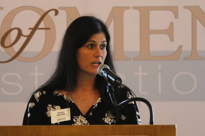 Award recipient Kristin Schmidt speaks during the Northwest Herald's Women of Distinction award luncheon Wednesday June 4, 2025, at Boulder Ridge Country Club, in Lake in the Hills. The luncheon recognized ten women in the community as Women of Distinction.