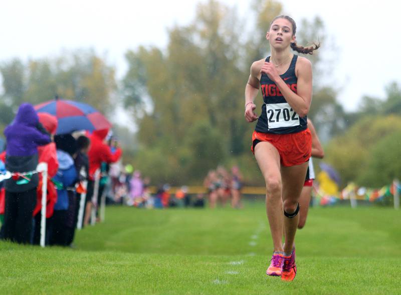 Hadley Ferrero of Crystal Lake Central places second at the Fox Valley Conference Girls Cross Country Meet at Plato Park in Elgin Saturday.