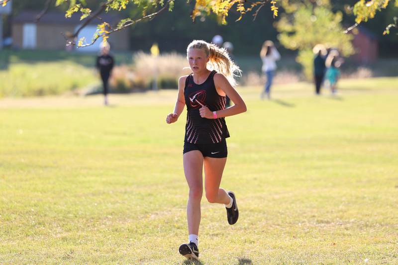 Bradley-Bourbonnais' Makenzie Goodman nears the finish line in the girls 3-mile race during All-Area Cross Country meet on Wednesday, Oct. 8, 2025, at Kankakee Community College.