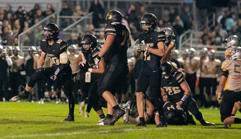 Sycamore's Zack Crawford (10) reacts after a defensive stop against Kaneland during a football game at Kaneland High School in Maple Park on Friday, Sep 30, 2022.