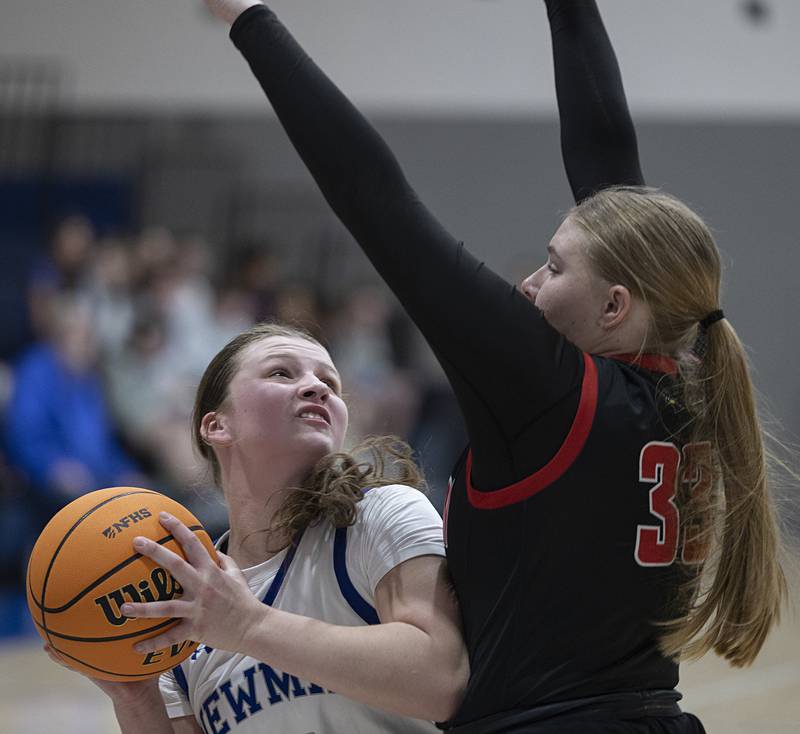Newman’s Veronica Haley works against Stillman Valley’s Chloe Stienmetz Monday, Feb. 2, 2026.