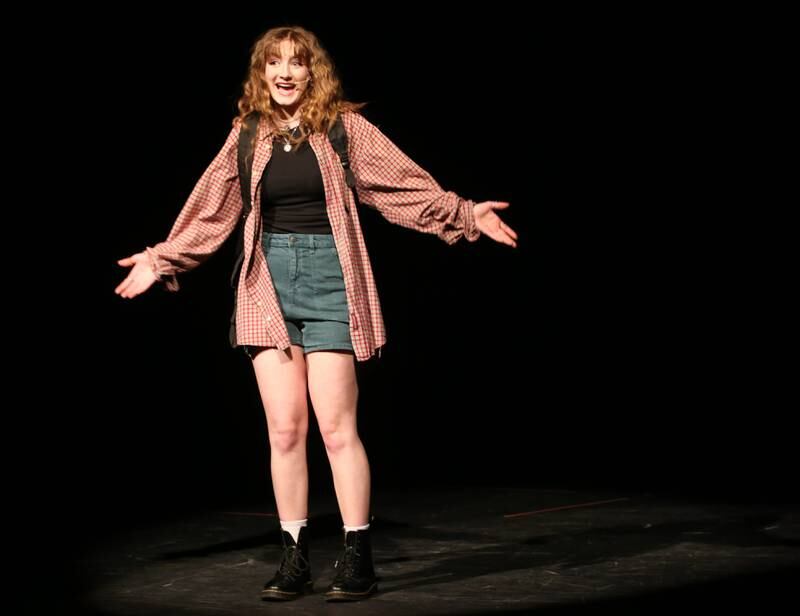 Emma Nolan, played by Zoe Childers sings a solo during a rehearsal of "The Prom" on Wednesday, April 19, 2023 at IVCC in Oglesby.