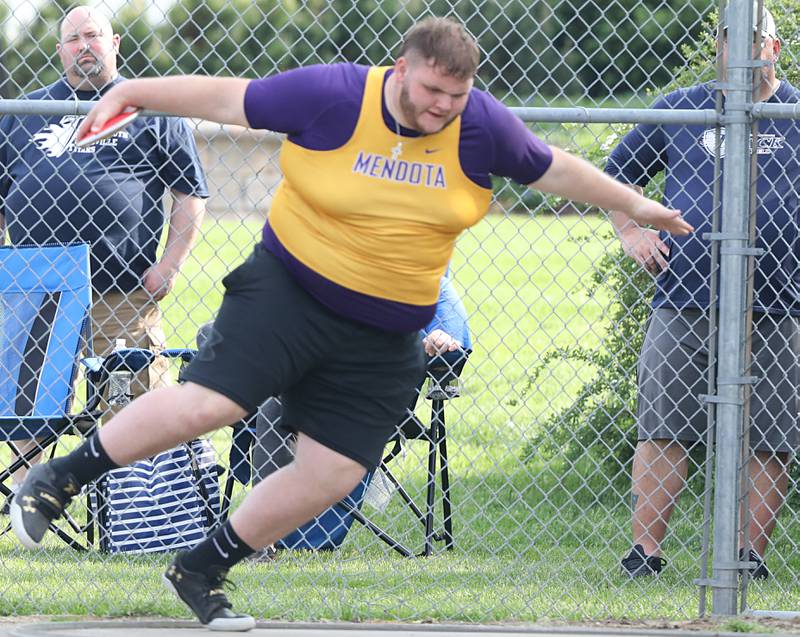Mendota's Jose Rocha throws the discus in Friday's TRAC Meet at Princeton.