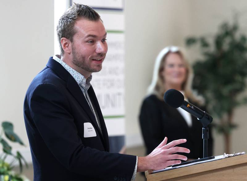 Chris Mayer, founder and owner of Windows Distillery, speaks after being presented with the Community Diamond Award Thursday, March 5, 2026, during the Sycamore Chamber of Commerce Annual Meeting in Memorial Hall at St. Mary's Catholic Church in Sycamore.