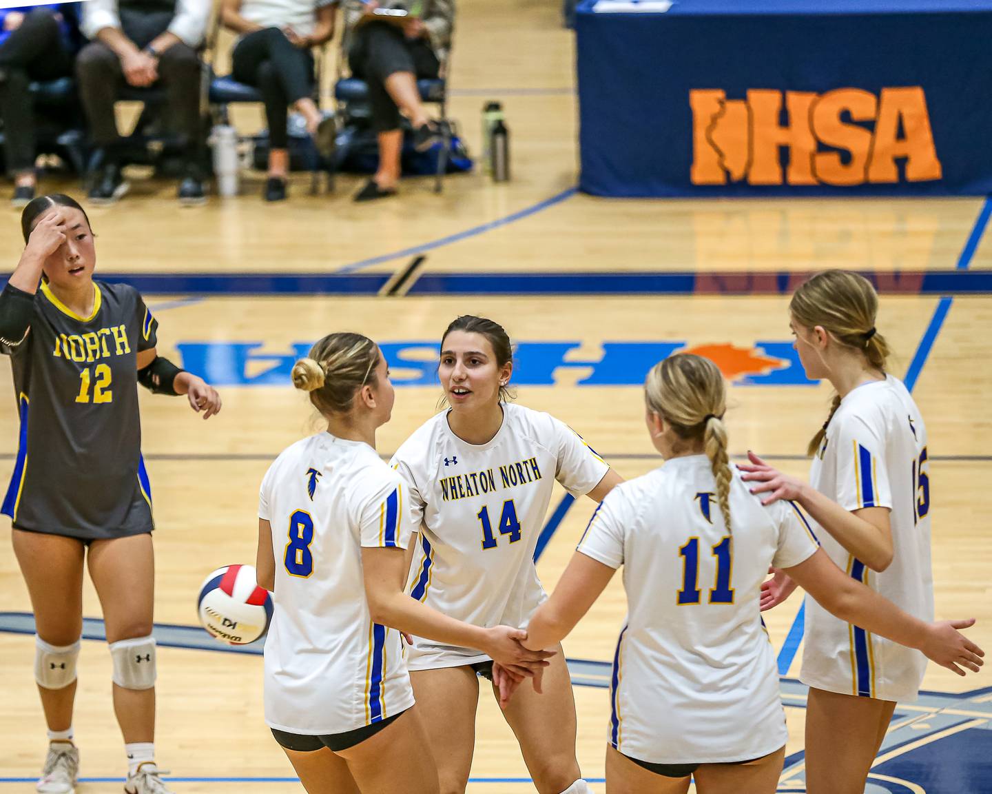 Wheaton North celebrates a point during Class 4A Lake Park Regional final volleyball match between Wheaton North at St Charles North.  Oct 31, 2024  in Roselle.