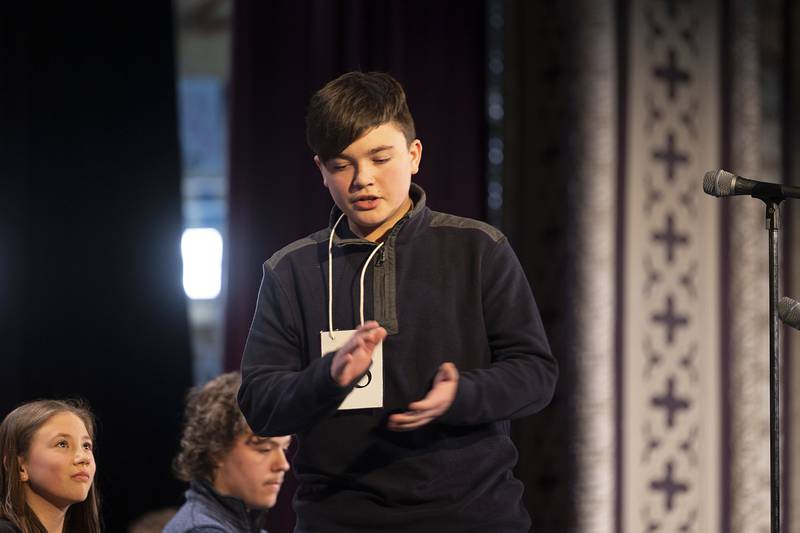 Alexander Ottens of Prophetstown-Lyndon-Tampico Middle School reacts to winning the Lee-Ogle-Whiteside Regional Spelling Bee Thursday, March 9, 2023.