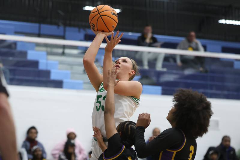 Providence’s Landrie Callahan puts up a shot against Thornton Fractional North in the Class 3A Hillcrest Sectional semifinal game on Tuesday, Feb. 24, 2026 in Hillcrest.