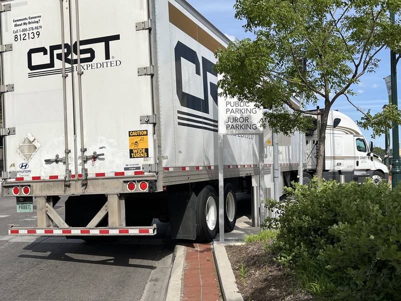 A semitrailer seen jumping a curb on Wednesday, June 12, near the Will County Courthouse in Joliet.