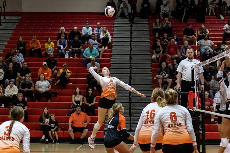 Minooka's Charlotte Matejka gets some air during a varsity volleyball away game against Bolingbrook on Sept. 25, 2025.