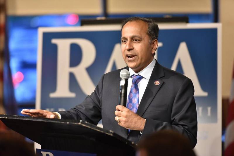 Incumbent and Democratic primary victor Raja Krishnamoorthi speaks to supporters at the Wyndham Garden Hotel in Schaumburg on Tuesday evening. John Starks | Staff Photographer