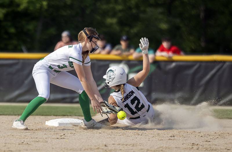 The ball rolls out of Rock Falls’ Jeslyn Kreuger glove as North Boone’s Olivia Johnson steals second Friday, May 19, 2023.