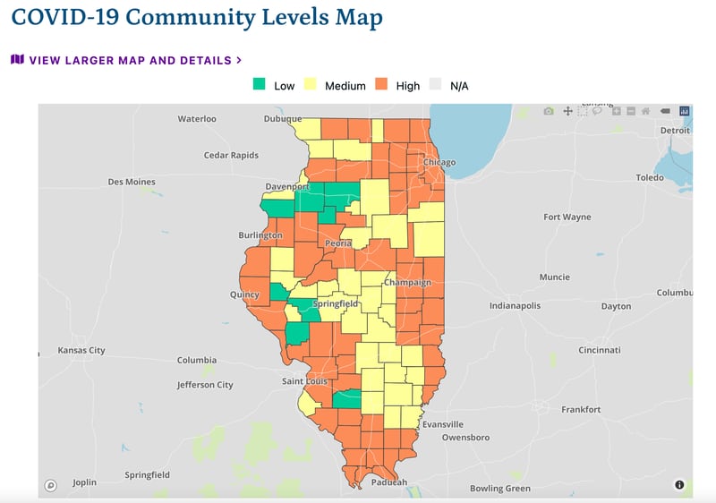 The latest COVID-19 community levels map as of Friday, July 22, 2022, from the Illinois Department of Public Health