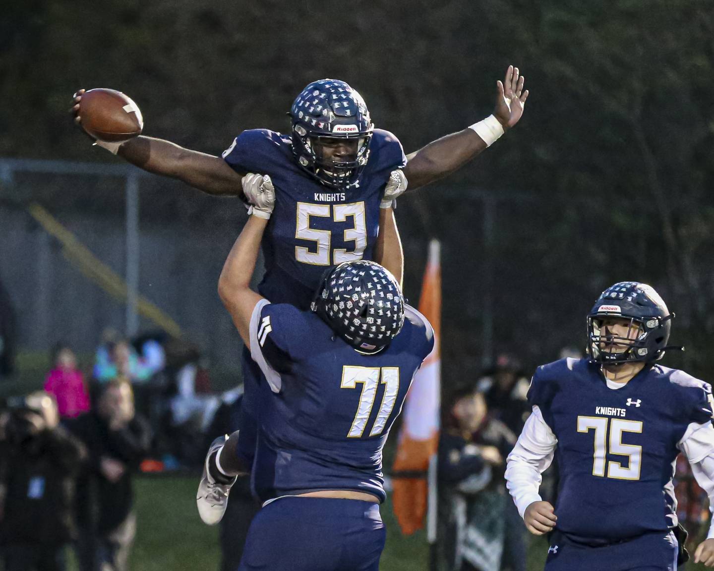 IC Catholic Prep's Jadon Mims (53) celebrates a touchdown run during Class 3A semifinal game between Byron at IC Catholic Prep.  Nov 20, 2021.