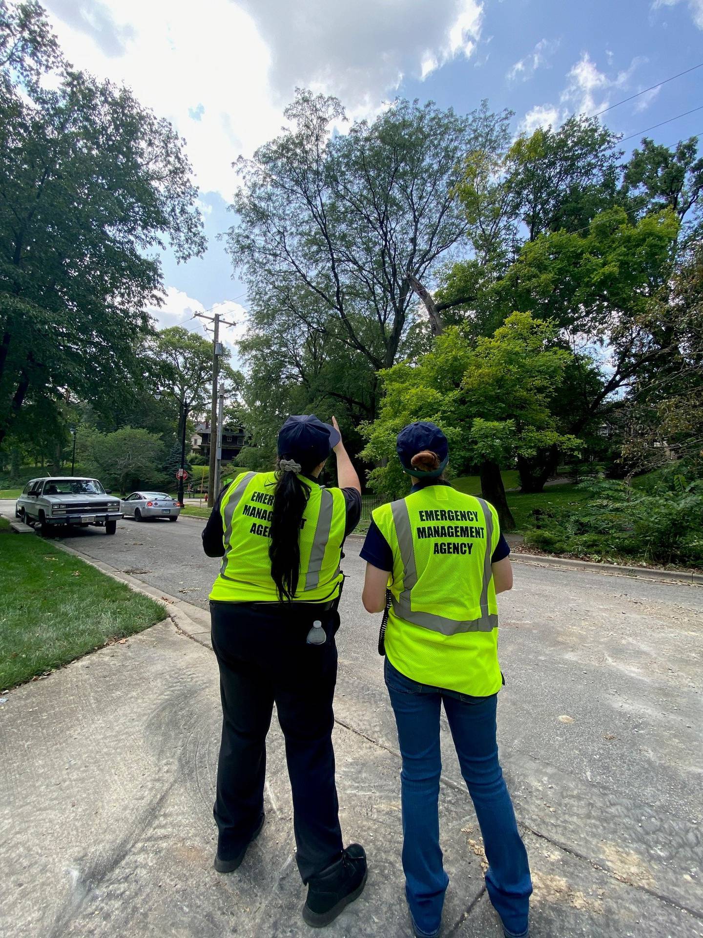 Staff with the Federal Emergency Management Agency inspect storm damage from the July 13-16, 2024 severe weather in Manhattan Township in Will County.