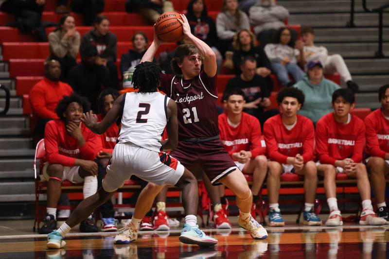 Lockport’s Brice Turner looks for a play against Bolingbrook on Friday, February 10th.