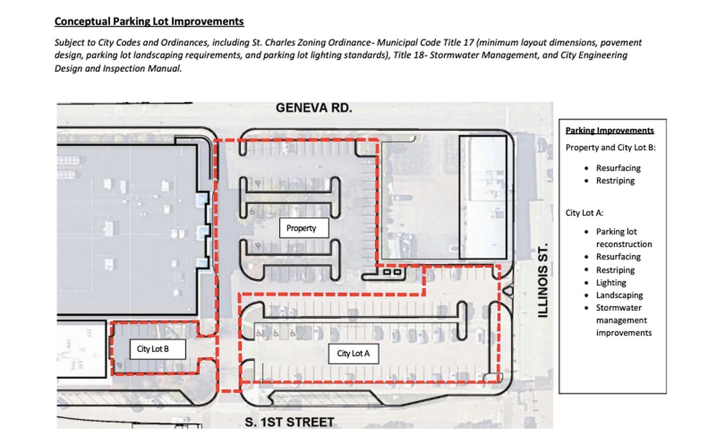 Proposed parking improvements for the former Blue Goose Market lot and city owned lots connected to the site at 300 S. 2nd St. in downtown St Charles.