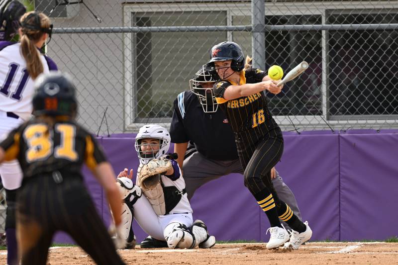 Herscher's Addy Whitaker connects for a hit during the Tigers' 4-1 loss against Manteno on Monday, May 5, 2025.