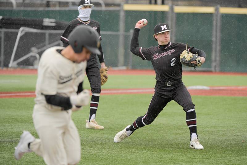 Marengo's Robert Heuser (2) make the throw to first for the out on Streamwood's Miguel Rodriguez (10) during a game on Monday, March 25, 2024 in Carol Stream.