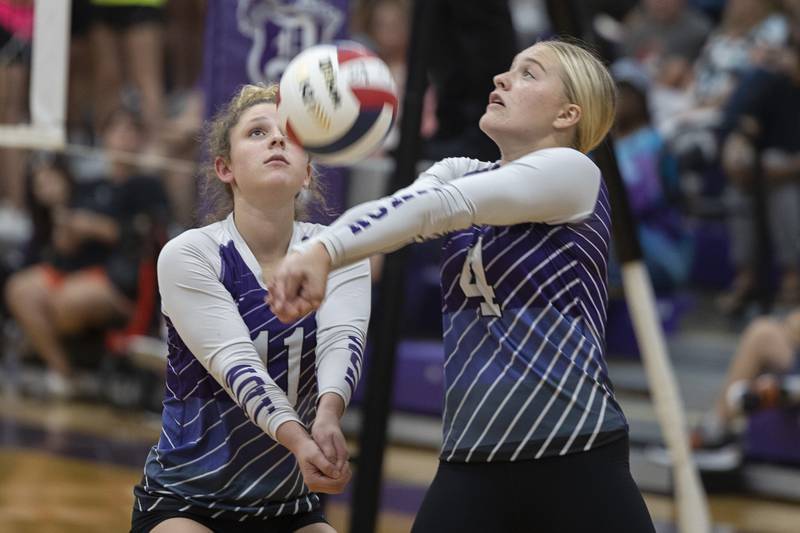 Dixon’s Delaney Bruce plays a shot against Newman Monday, August 28, 2023 during a non-conference match-up in Dixon.