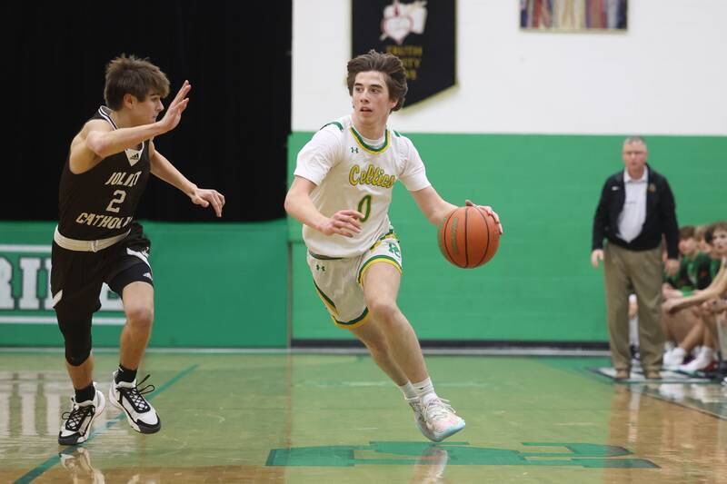 Providence’s Colin Crean makes a move against Joliet Catholic on Saturday, Dec. 9th, 2023 in New Lenox.