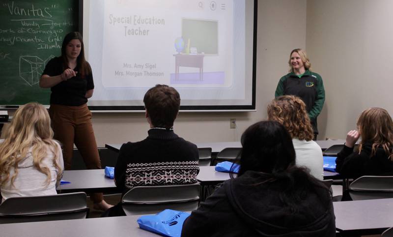 Teachers Morgan Thomson of Forreston Grade School and Amy Sigel of Rock Falls lead a presentation on many aspects, requirements and rewards of being a special education teacher on Friday, April 21, 2023 during the Pathways Education Symposium at Sauk Valley Community College.